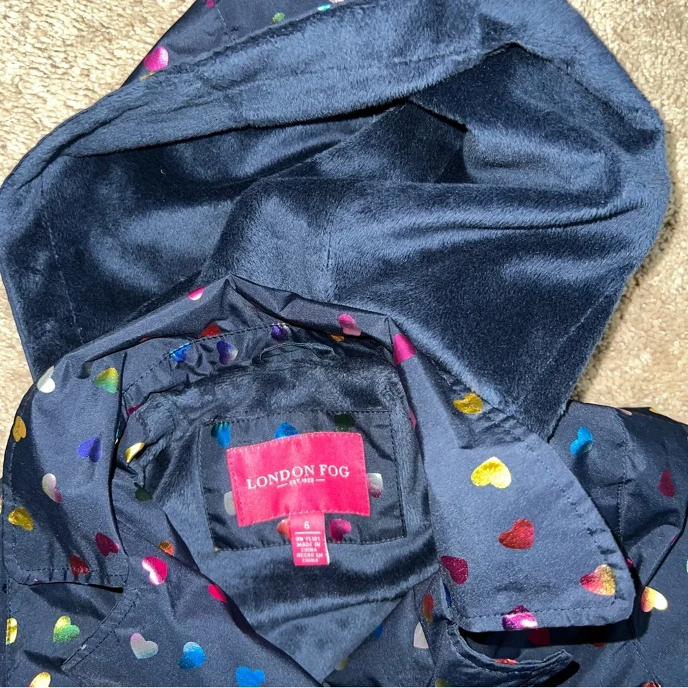 London Fog Girls Navy Jacket with Multicolor Heart Print
